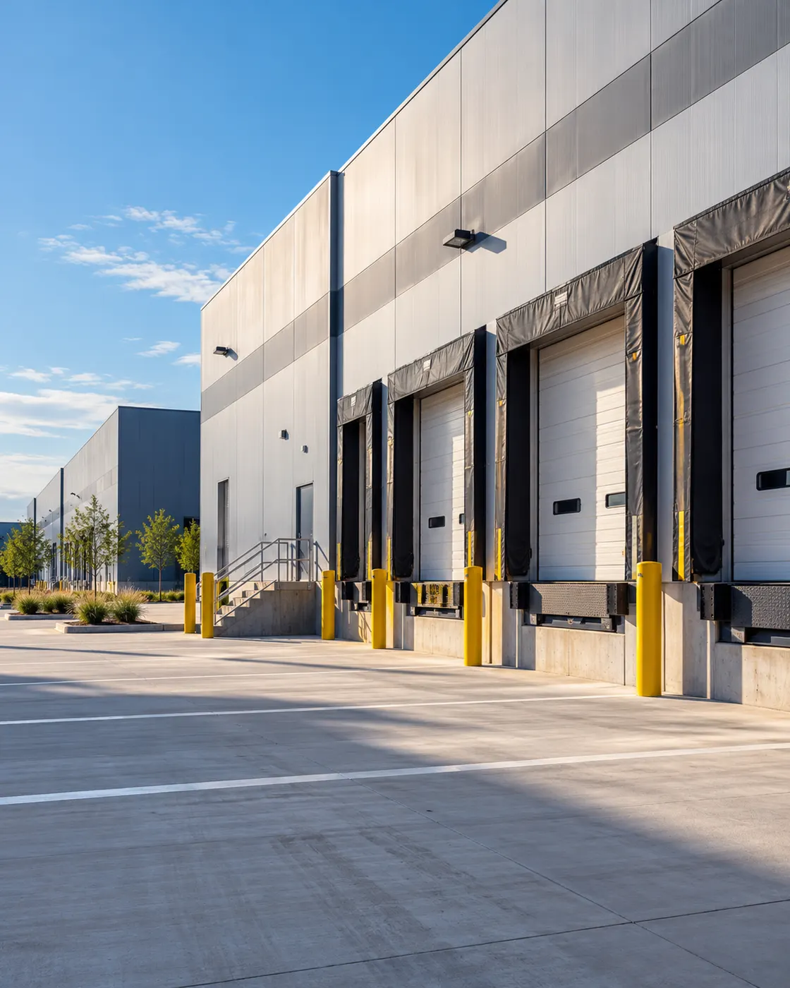 Warehouse loading dock doors with dock seals and yellow safety bollards