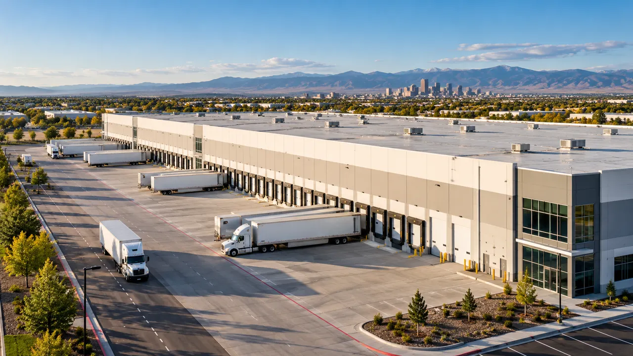 Logistics warehouse with a long row of loading docks and parked trailers, the city skyline and mountains beyond